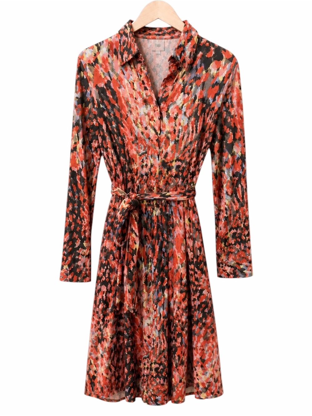Cabi Abstract Watercolor Jersey Knit Shirt Dress Belted V Neck 3/4 Sleeve Small
